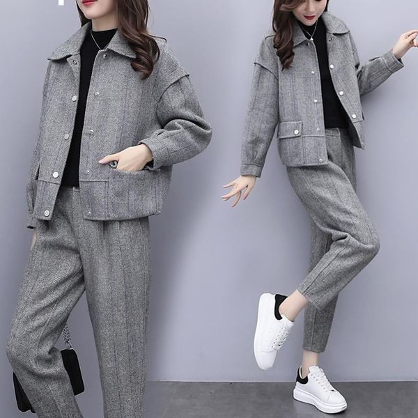 

2021 new gray winter wool two pieces of define jacket + women's fashionable pantsuit pants ladies 2-bun female sets y486 1968