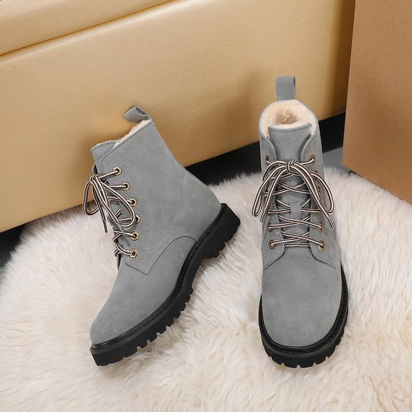 

designer womens boots luxury grey brown suede lace-up with fluff round head low heel boots with box size 35-44, Black