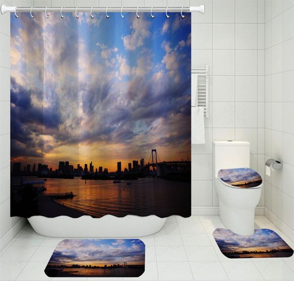 

city scenery series shower curtain set shower curtain non-slip cushion toilet cushion polyester waterproof home decoration