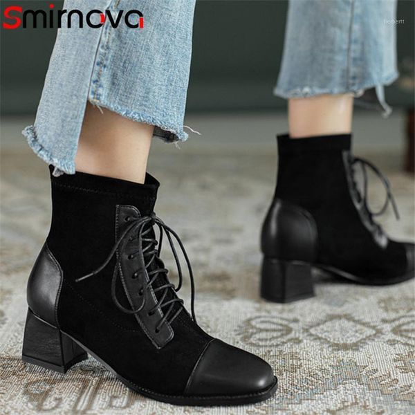 

boots smirnova 2021 thick heel casual shoes ladies autumn winter round toe lace up simple ankle women big size 471, Black