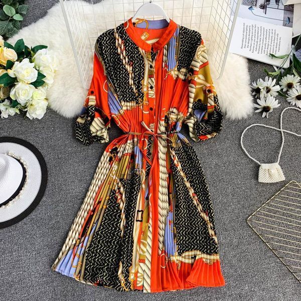 

women bobo style geometric picture print totem shirt lapel waist dress pleated loose large size women dress casual1, Black;gray