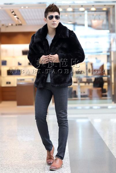 

new 2021 winter fashion men faux fur jacket soft and comfortable warm fur turn-down collar solid color coat1, Black