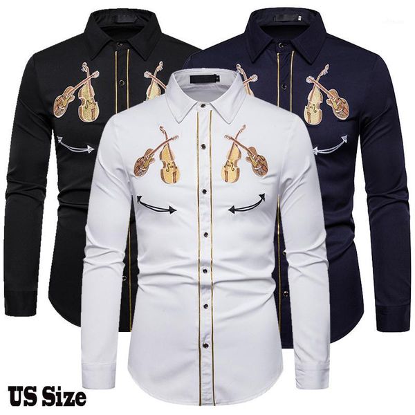 

men's western cowboy violin embroidery shirt casual button down shirts slim fit long sleeve party shirts personality1, White;black