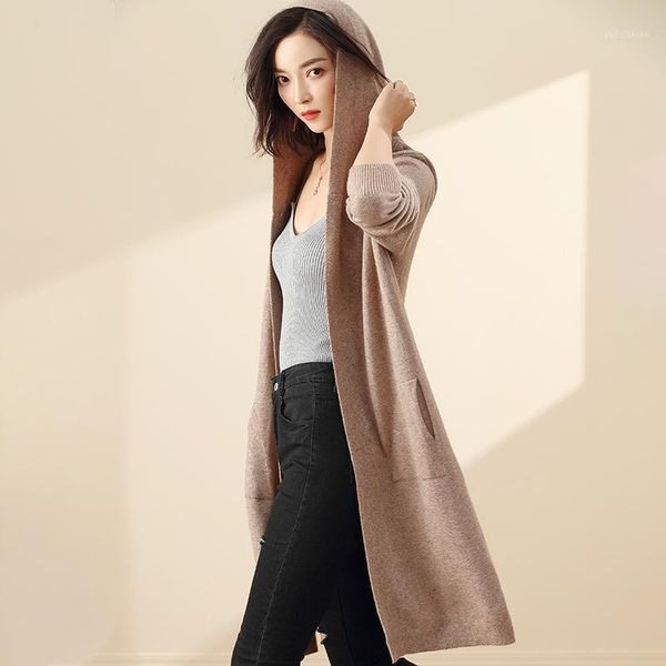 

2019autumn winter new long coat sweaters with cap women sweater cardigan cashmere sweater women knitted female pull femme coat1, White