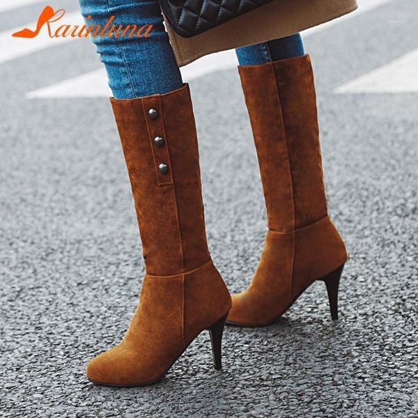 

2021 new brand stylish female shoes mid-calf boots flock rivet flock solid thin heels slip-on leisure women shoes footwear1, Black