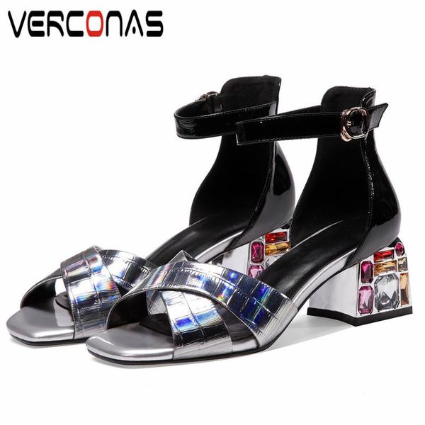 

verconas women 2020 fashion rhinestones thick heel square toe party pumps thick heels sandals genuine leather shoes woman, Black