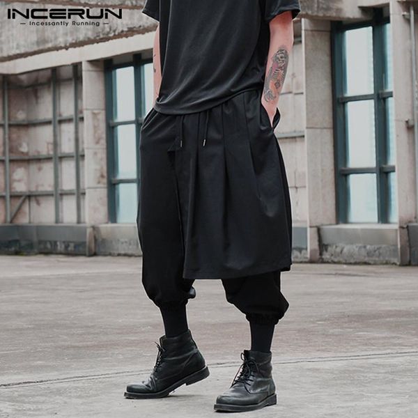 

2021 fashion irregular trousers incerun men solid color harem pants punk style drawstring joggers men casual loose bottoms s-5xl, Black