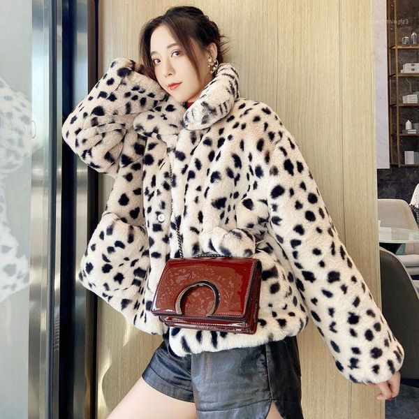 

women's fur & faux women 2021 winter fluffy teddy plush coat lady leopard print loose short jacket female casual warm outerwear c741, Black