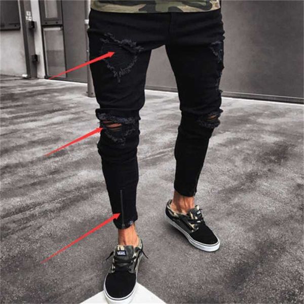 

thefound fashion men ripped skinny jeans destroyed frayed jeans slim fit denim pant jean zipper, Blue