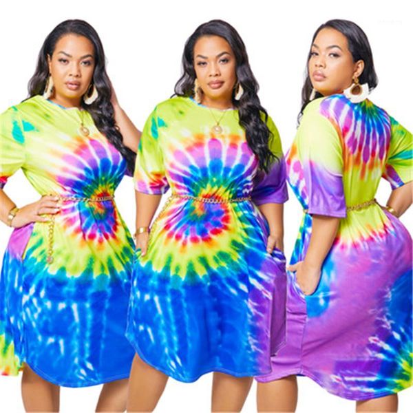 

dresses women swirl tie dye dress summer fashion trend short sleeve round neck short skirt designer female loose casual mid-length, Black;gray