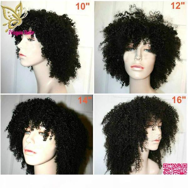 

short afro full lace human hair wigs with baby hair brazilian afro kinky curly lace front wig with bangs none lace wig, Black;brown