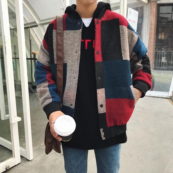 

autumn men harajuku plaid bomber jackets 2021 mens japanese streetwear windbreaker korean fashions baseball jackets, Black;brown