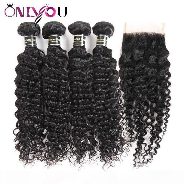 

new arrival malaysian virgin remy hair weave 4 deep curly bundles with closure malaysian deep wave silk base closure curl hair extensions, Black;brown