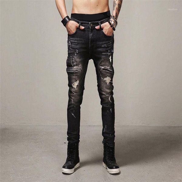 

mens black streetwear distressed denim pants cotton hiphop fashion trousers jeans1, Blue