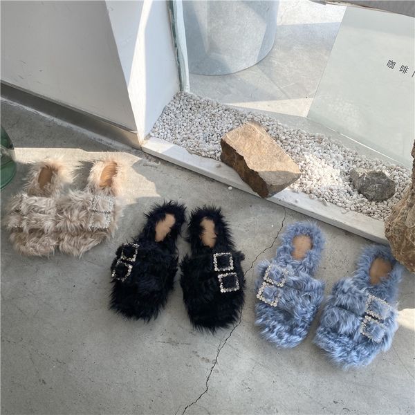 

glitter slides shoes slippers casual fur flip flops low slipers women jelly luxury plush 2020 flat hoof heels basic pu crystal x1020, Black