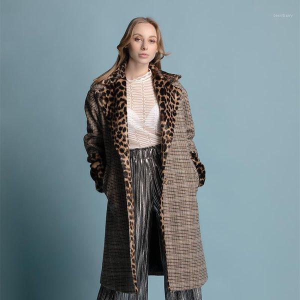 

new checked jacket european leopard-print lapel lady's woolen overcoat1, Black