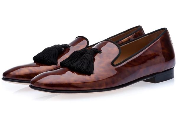 

2020 new arrival men dress shoes patent leather party shoes male tassel flats pointed toe fringe smoking wedding flats, Black