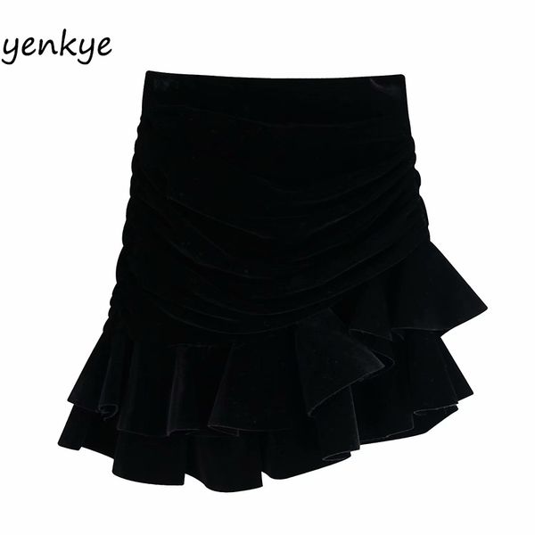

vintage black high waist ruffle velvet mini skirt bbwm9799 y200326