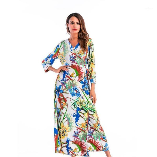

women boho long dress autumn winter deep v neck floral print three quarter sleeve midi dresses loose bandage dress vesitdos1, Black;gray