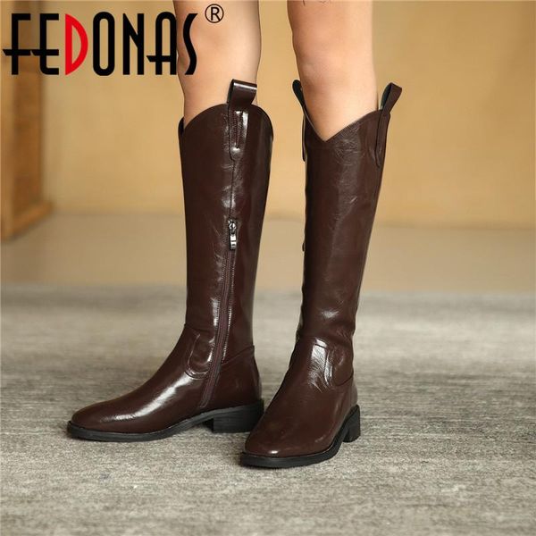 

fedonas women high boots genuine leather side zipper autumn winter shoes woman heels office party thick heels knee high boots, Black