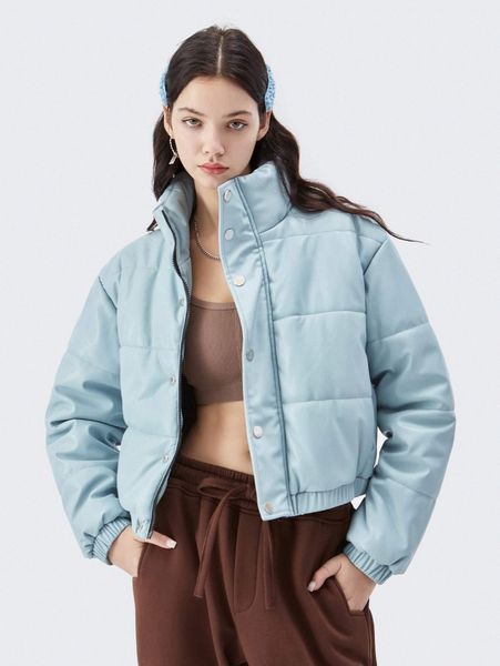 

solid zipper front puffer coat u4v6#, Black