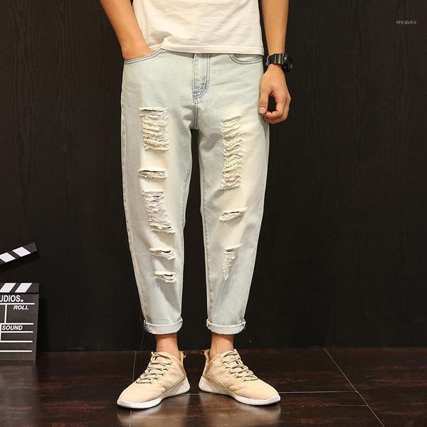 

new men's casual jeans loose straight harem pants fashion broken hole street style mens jeans large size men's pants1, Blue