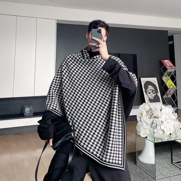 

men's sweaters male women streetwear vintage casual knitwear sweater men houndstooth plaid pullover turtleneck cloak cape, White;black