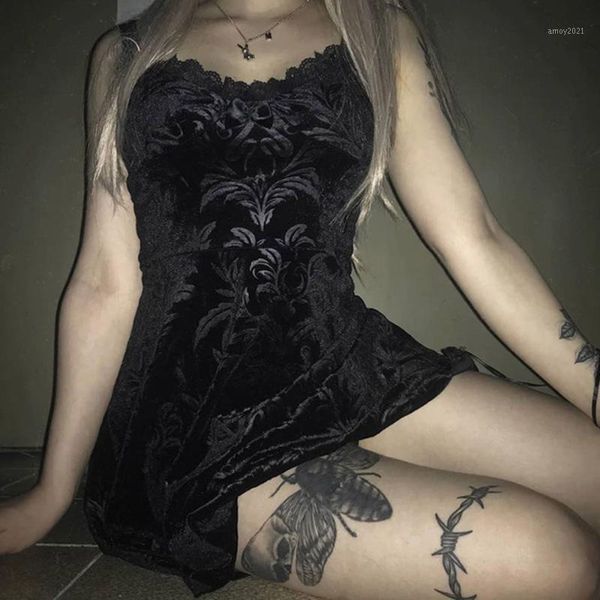 

casual dresses vintage women mini dress gothic lace-up suspender bowknot flocking spaghetti strap pullover deep-v cool retro 20211, Black;gray