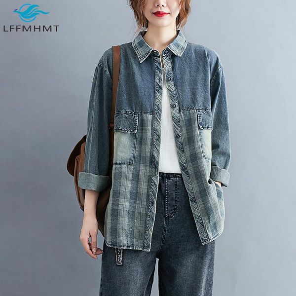 

women spring fall fashion japan harajuku style vintage patchwork lapel shirt office lady large size long sleeve plaid blouse top, White