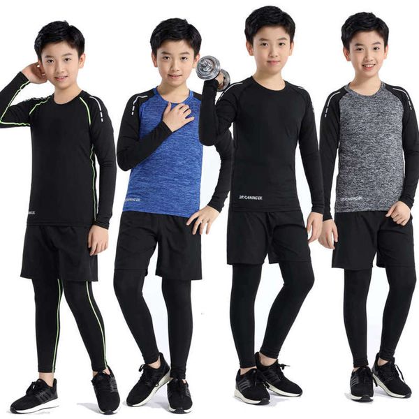 

clothes tights suit men's sports fitness children's basketball football running elastic training three piece set, Gray