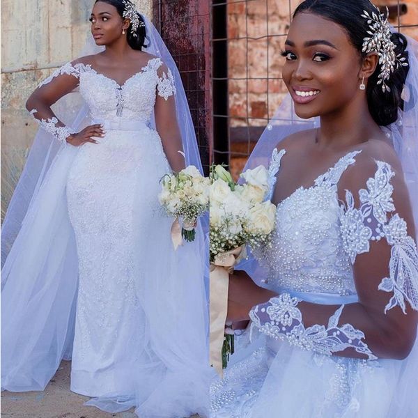 

2021 pure white pearls mermaid wedding dresses long sleeves jewel neck illusion overskirts mermaid bridal gowns lace african marriage dress