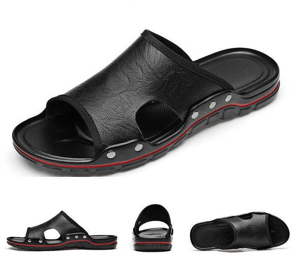 

elling summer flip flops men genuine cow leather soft massage beach slippers for male fashion casual roman shoe designer classic luxury, Black