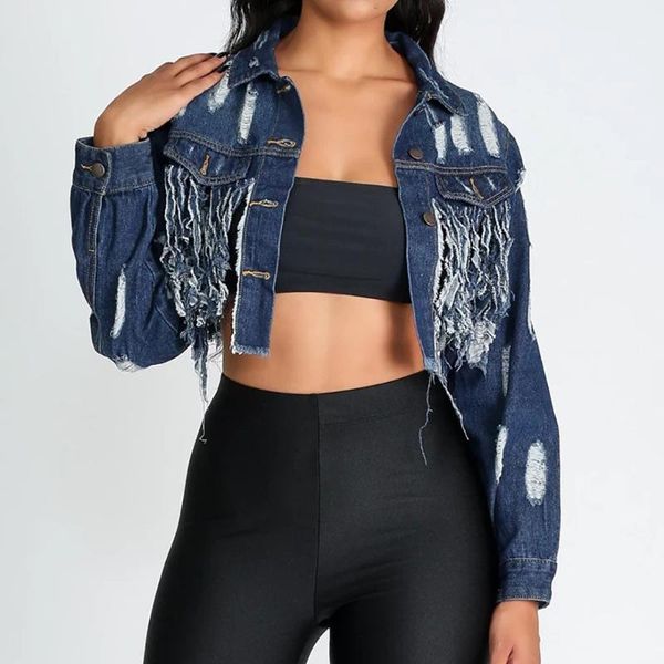 

women's jackets ripped and washed fringe cut back exposed navel short denim jacket for women holes tassel coat, Black;brown
