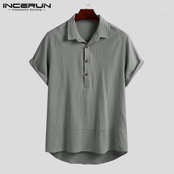 

incerun men solid color shirts casual short sleeve lapel camisa summer harajuku loose blusa man vintage cotton blouse hombre 5xl1, White;black