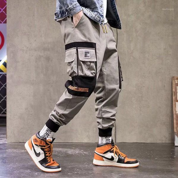 

men's casual pants fashion slim elastic waist hip-hop elastic overalls multi-pocket cargo pants men's large size pencil1, Black