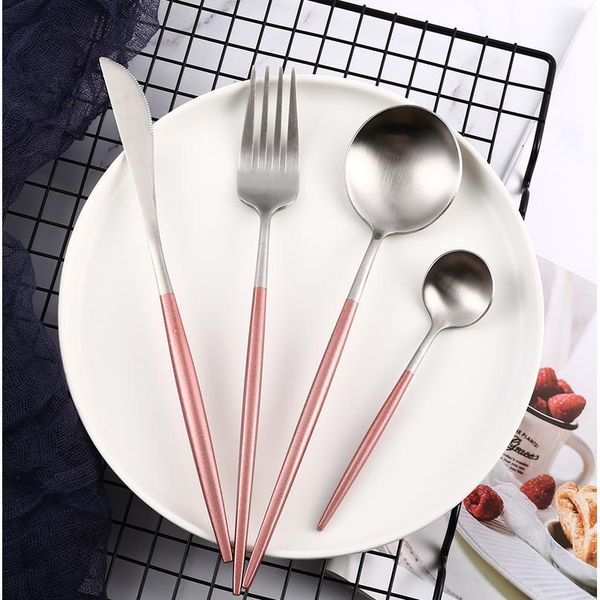 

pink silver 4pcs/set stainless steel frosted cutlery set knife spoon fork dessert spoon restaurant travel western t bbyugg