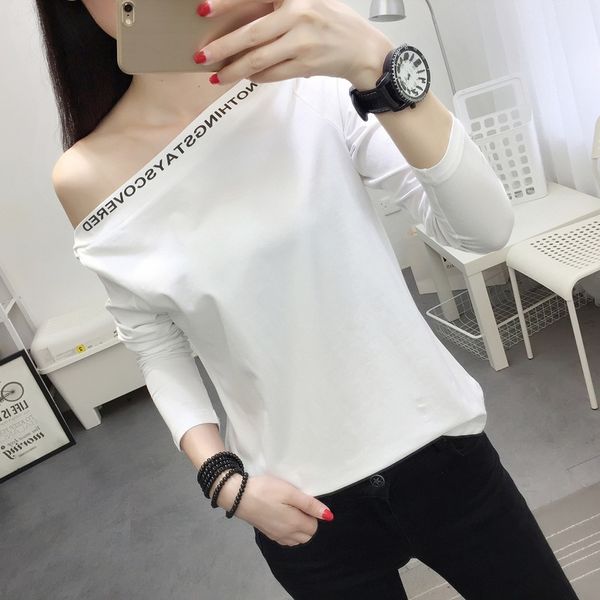 

autumn and coat t-shirt wintershoulder t-shirt looseshoulder print simple thin ins casual women's wear ooh4b, White