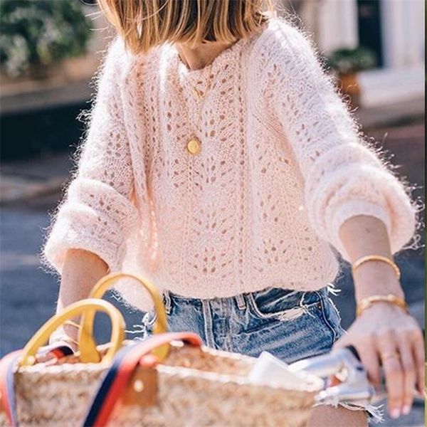 

french chic women mohair wool blend o neck hollow out knitted loose sweater long-sleeve pullovers /blue/red/pink/yellow y200720, White;black