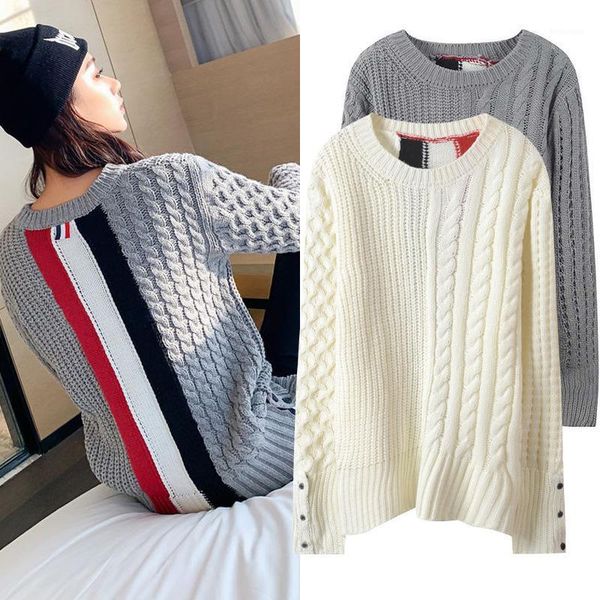 

new new products of autumn and winter in stock: , round necks, contrast stripes, loose thick knitting sweaters1, White;black