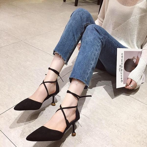 

2021 korean version of the new early spring pointed cross with high heels wild comfortable high heels., Black