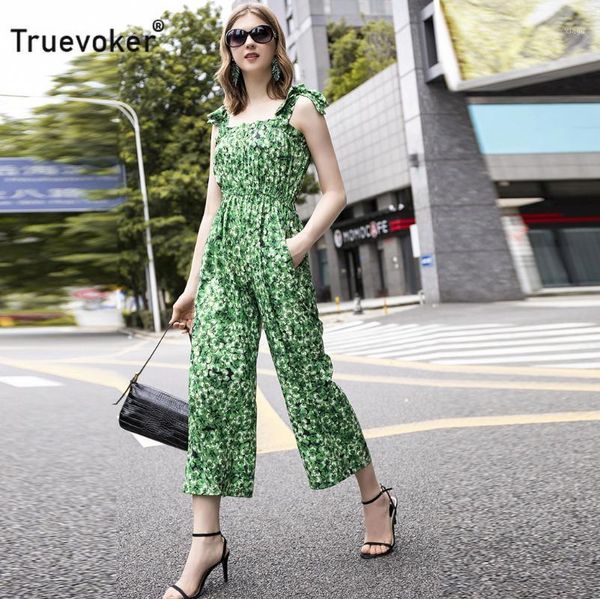 

turevoker european summer fashion designer rompers women's floral print spaghetti strap bow chiffon straight jumpsuit1, Black;white