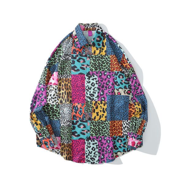 

2021 new coloured color leopard sleeve long male light hawaiian shirt fashion floral plaid streetwear new 8j99, White;black