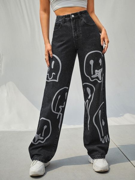 

high waist cartoon graphic wide leg jeans v2qn#, Blue
