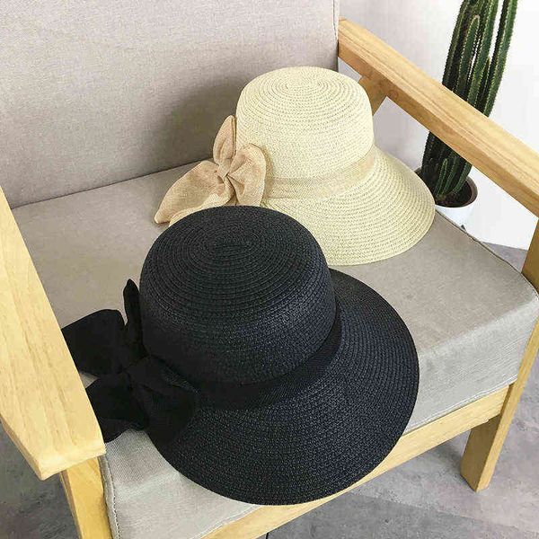 Sun Hat Big Black Bow Verão Chapéus Para As Mulheres Dobrável Praia Praia Panamá Chapéu Wide Brim Femme Feminino G220301