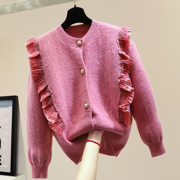 

lace stitching long-sleeved sweater 2020 winter korean loose wooden ear waist tight cardigan jacket woman sweaters women clothes, White