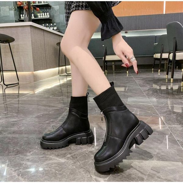 

winter pu leather boots women zipper stretch fabric shoes ladies non-slip warm plush plarform boots sewing chunky heels botas, Black