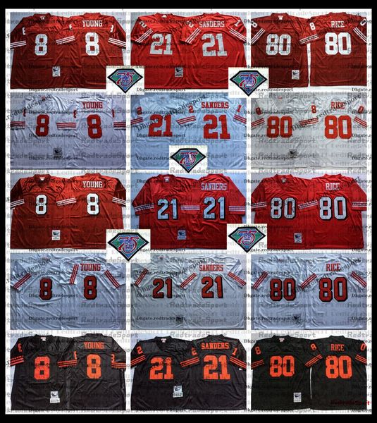 Mi08 Vintage Mens 8 Steve Young 21 Deion Sanders 80 Jerry Rice Maglie da calcio 1994 Red 75th Jersey Ricamo Camicie cucite nere M-XXXL