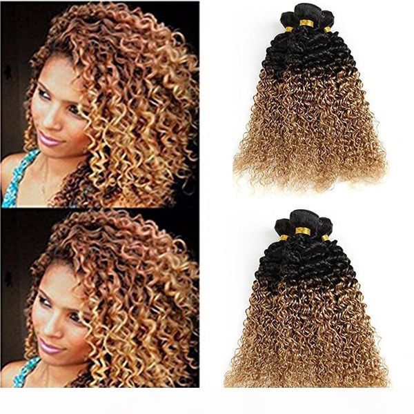 

8a ombre brazilian kiinky curly human hair extensions 3 bundles 100% remy hair weave weft 2 tone virgin curly hair bundles t1b 27, Black;brown