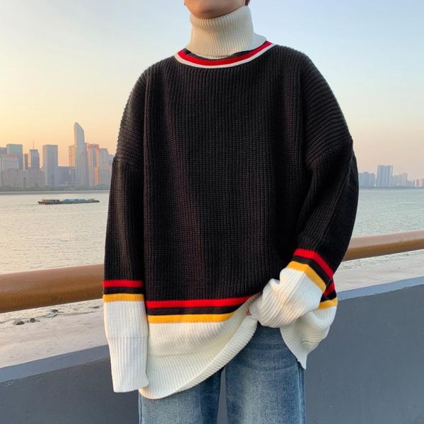 

turtleneck sweater men large size baggy autumn winter couple clothes striped mens sweaters 2020 korean fashion male pullovers, White;black