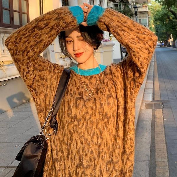 

women's sweaters autumn 2021 winter woman harajuku korean clothes fashion personality vintage leopard stitching knitted sweater women1, White;black